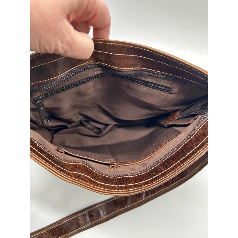 IDEAWIN Brown Leather Crossbody Tablet Messenger Bag Expandable‎ Distressed New